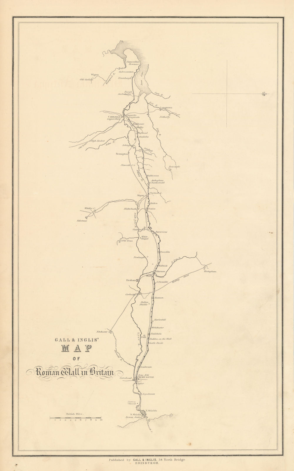 Gall & Inglis' Map of Roman Wall in Britain. Hadrian's Wall 1850 old