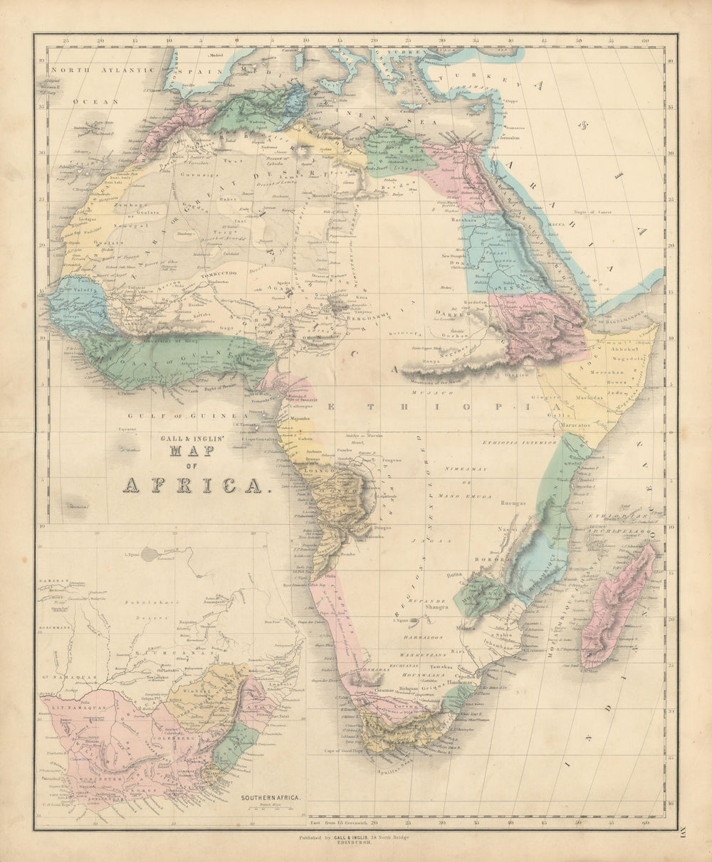Gall & Inglis' Map of Africa. Pre-colonial Africa "Regions unexplored" 1850