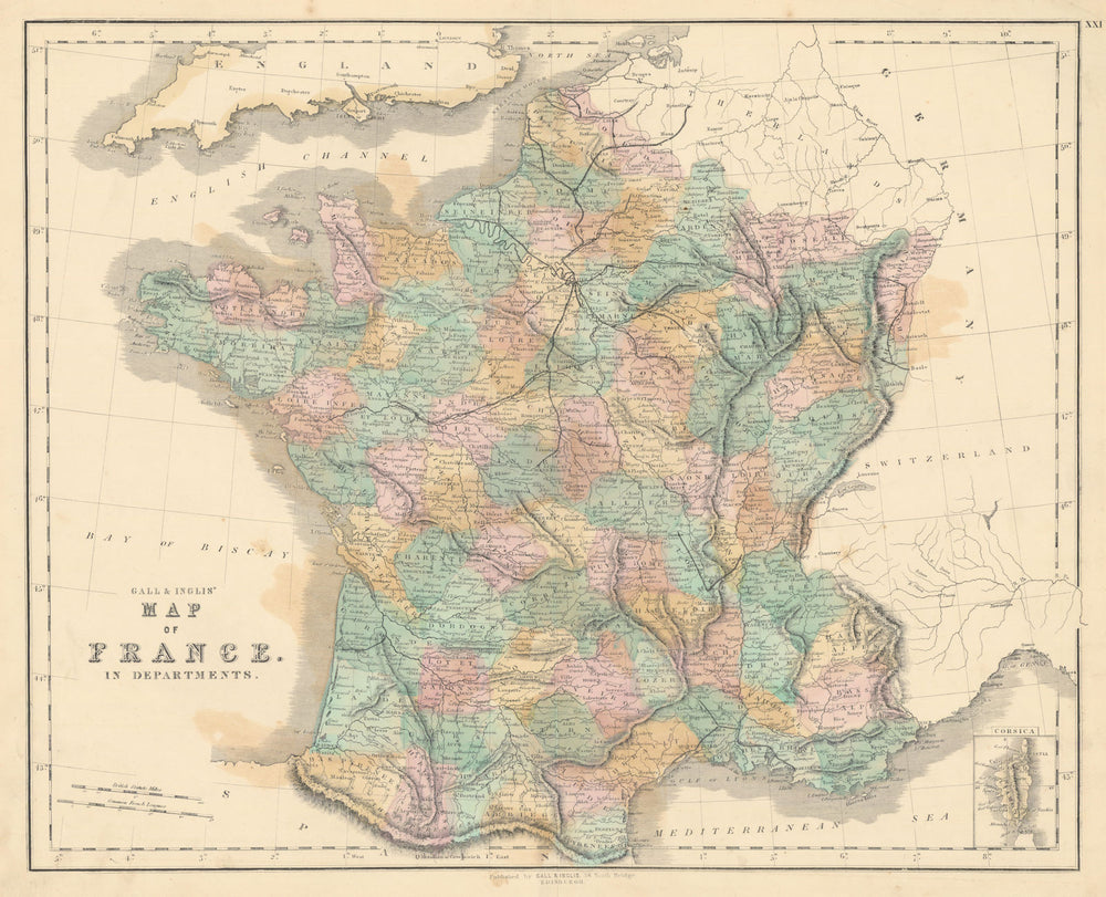 Gall & Inglis' Map of France in Departments. Railways 1850 old antique