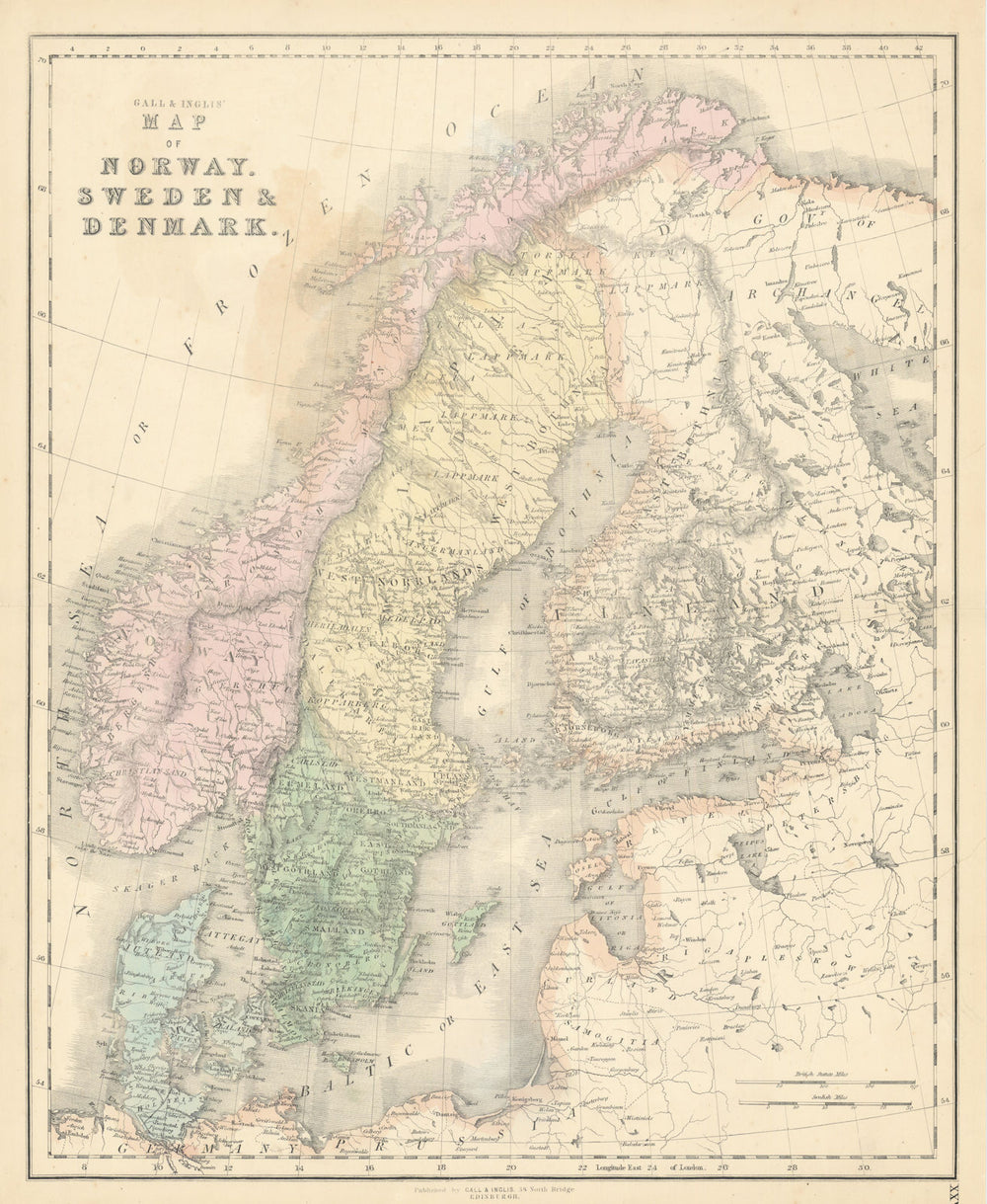 Gall & Inglis' Map of Sweden, Denmark & Norway. Finland Scandinavia Baltic 1850