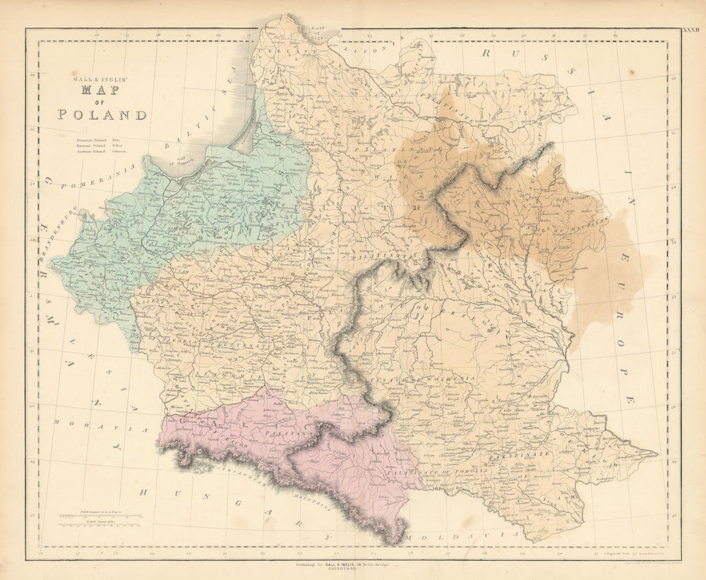 Gall & Inglis' Map of Poland, showing Russian, Prussian & Austria divisions 1850