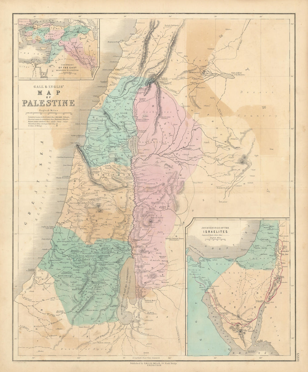 Gall & Inglis' Map of Palestine. Israelites journey. Lebanon Jordan Levant 1850
