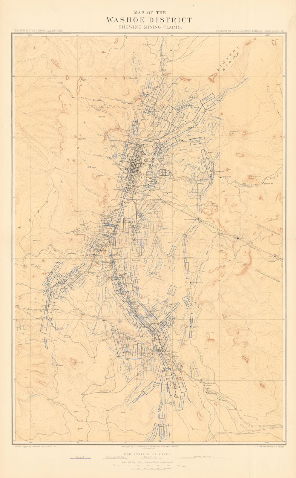 Washoe District showing Comstock Silver Lode Mining Claims. BECKER 1882 map