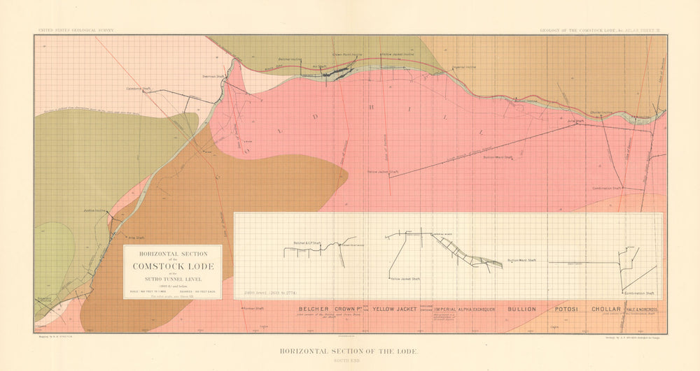 Comstock Silver Lode Horizontal section at the Sutro Tunnel, South end 1882 map