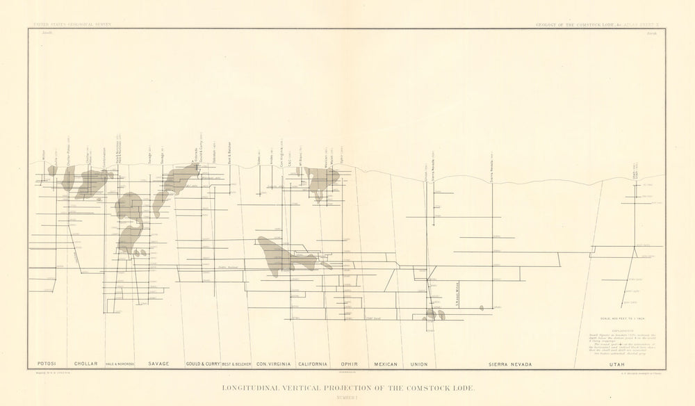 Comstock Silver Lode Vertical Section ore-bodies from Utah to Potosi 1882 map