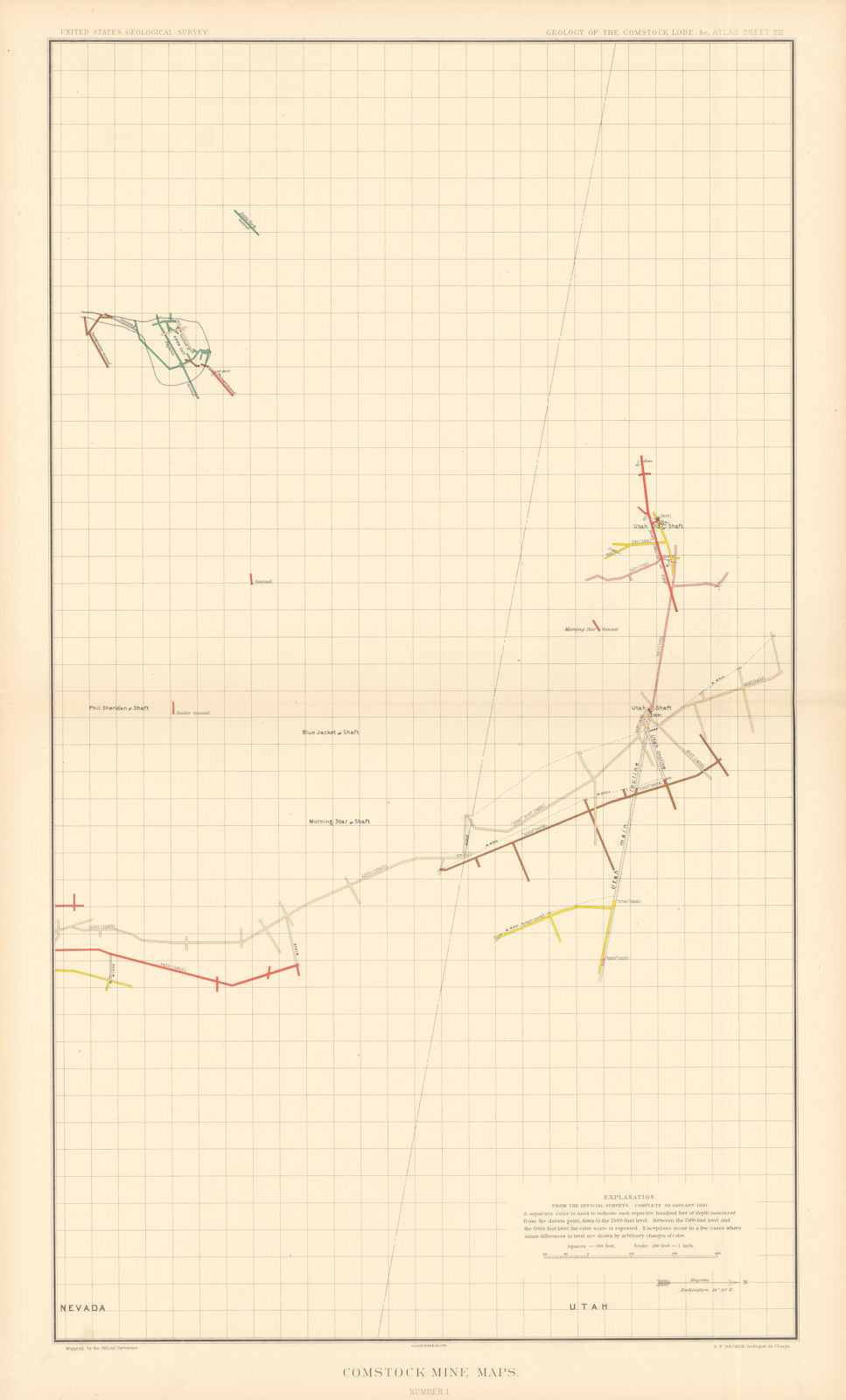 Comstock Silver Lode Mine Map 1 Utah, Sierra Nevada. BECKER 1882 old