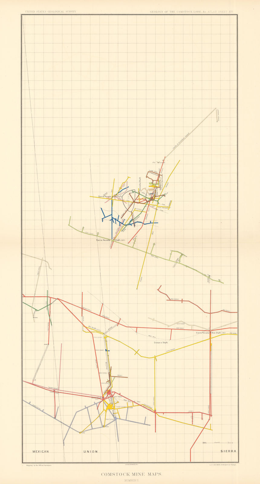 Comstock Silver Lode Mine Map 2 Sierra Nevada, Union, Mexican. BECKER 1882
