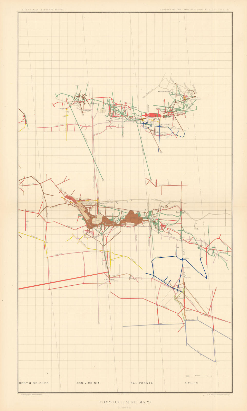 Comstock Silver Lode Mine Map 3 Ophir California Con. Virginia Best/Belcher 1882
