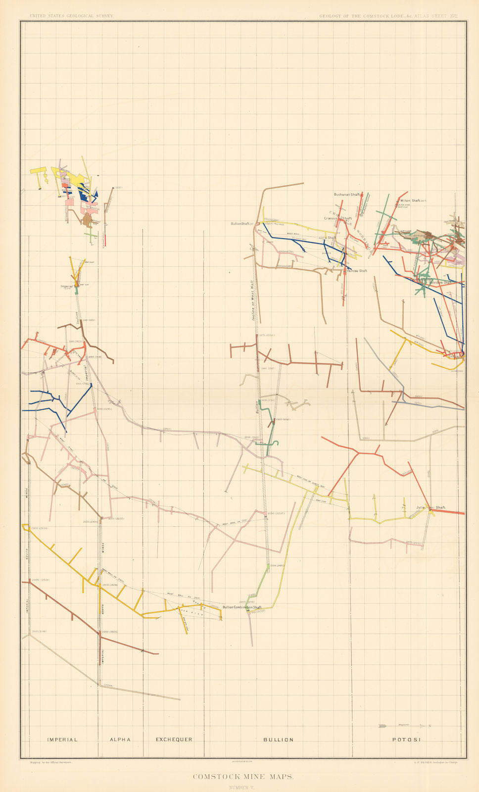 Comstock Silver Lode Mine Map 5 Potosi, Bullion, Exchequer, Alpha, Imperial 1882