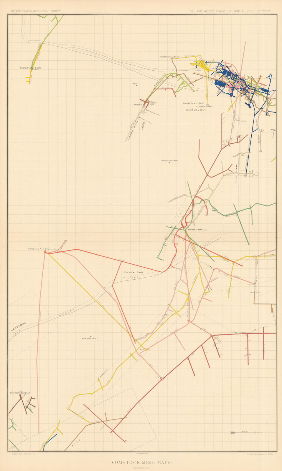 Comstock Silver Lode Mine Map 7 Segr. Belcher Overman Caledonia New York 1882