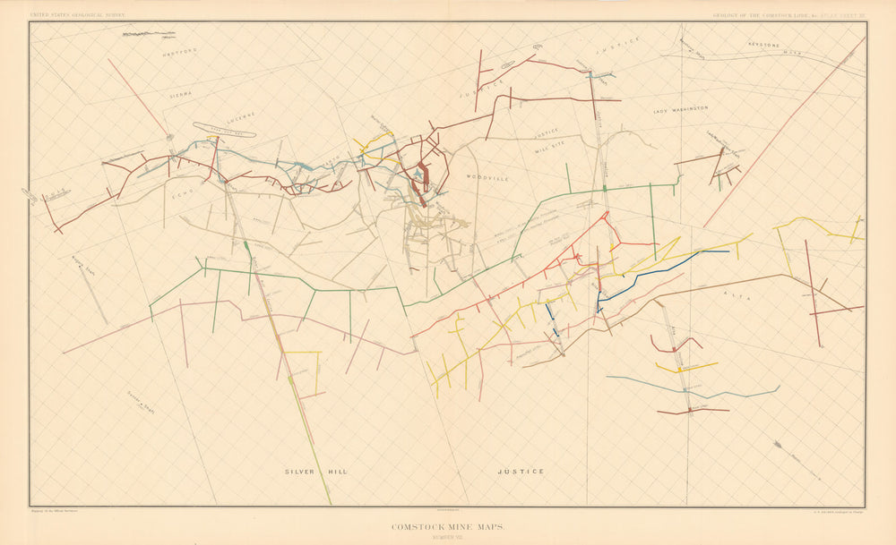 Comstock Silver Lode Mine Map 8 Alta, Justice Woodville, Succor, Niagara 1882