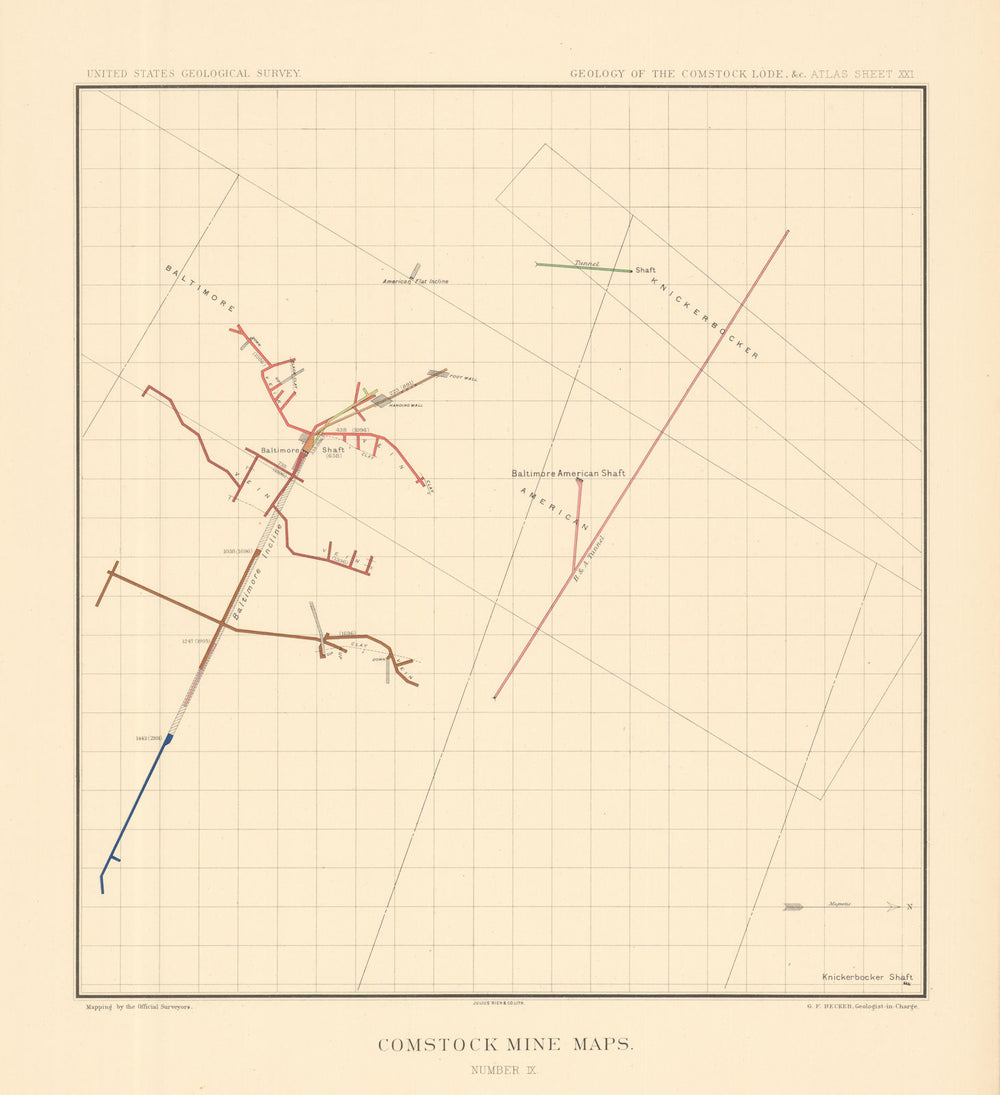 Comstock Silver Lode Mine Map 9 Knickerbocker, Baltimore Consolidated 1882