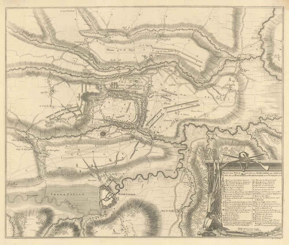 Plan de la Bataille d'Oudenaerde du 11 Juillet 1708. FRICX 1712 old map