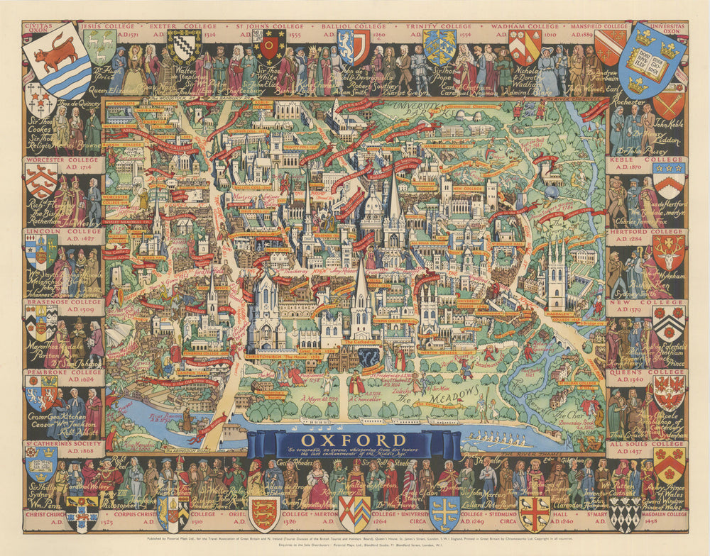 Oxford "So venerable, so serene…" Pictorial map by Kerry Lee 1948 old