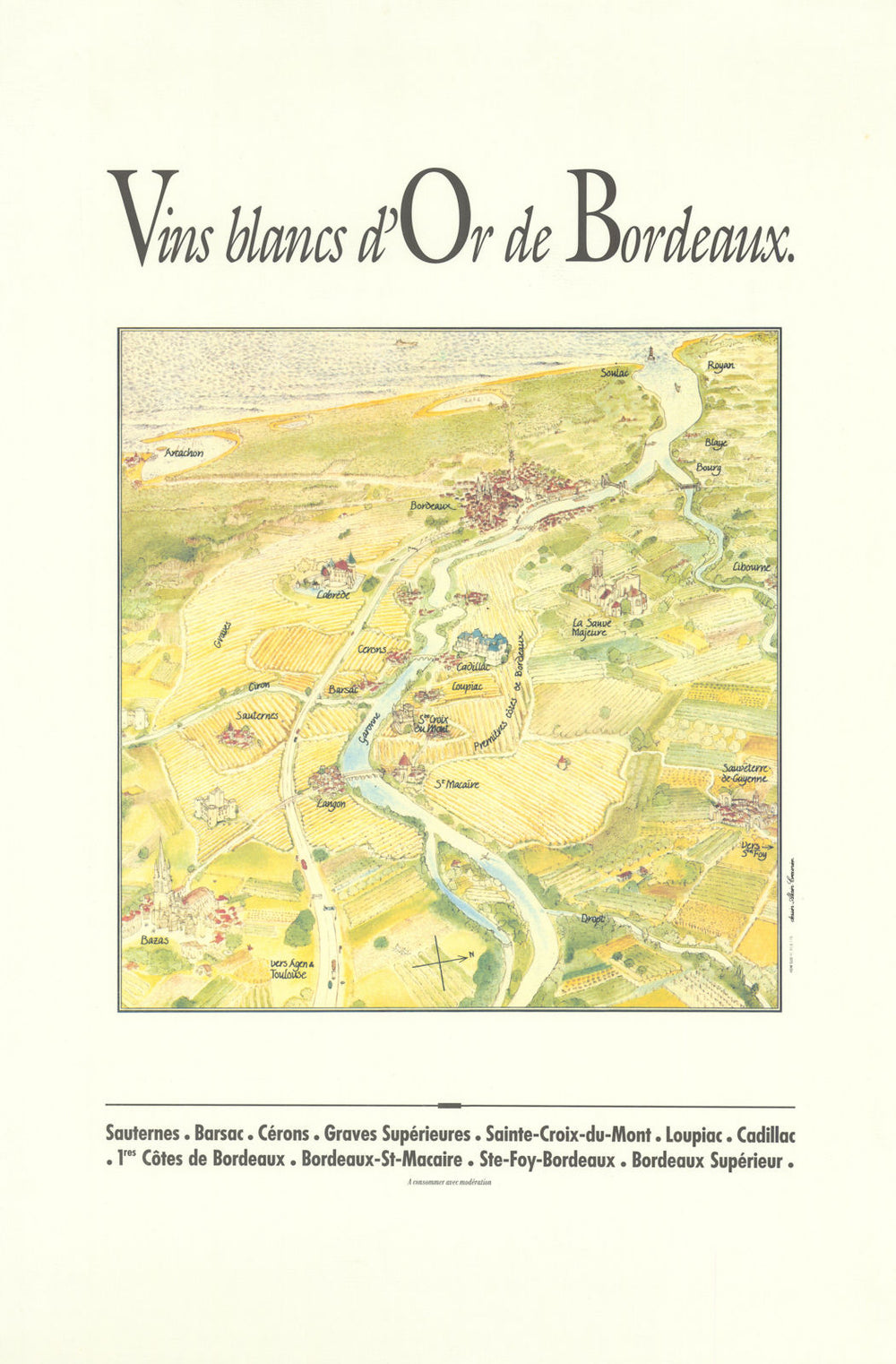 Vins blancs d'Or de Bordeaux. Bird's eye view map Sauternes Barsac CREUNIER 2000