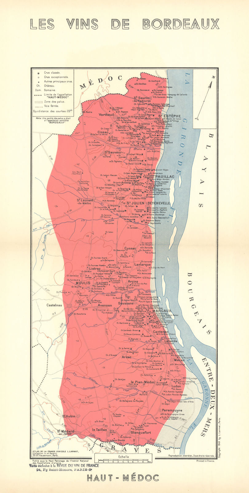 BORDEAUX WINE. Les Vins de Bordeaux - Haut-Médoc. Larmat 1949 old vintage map