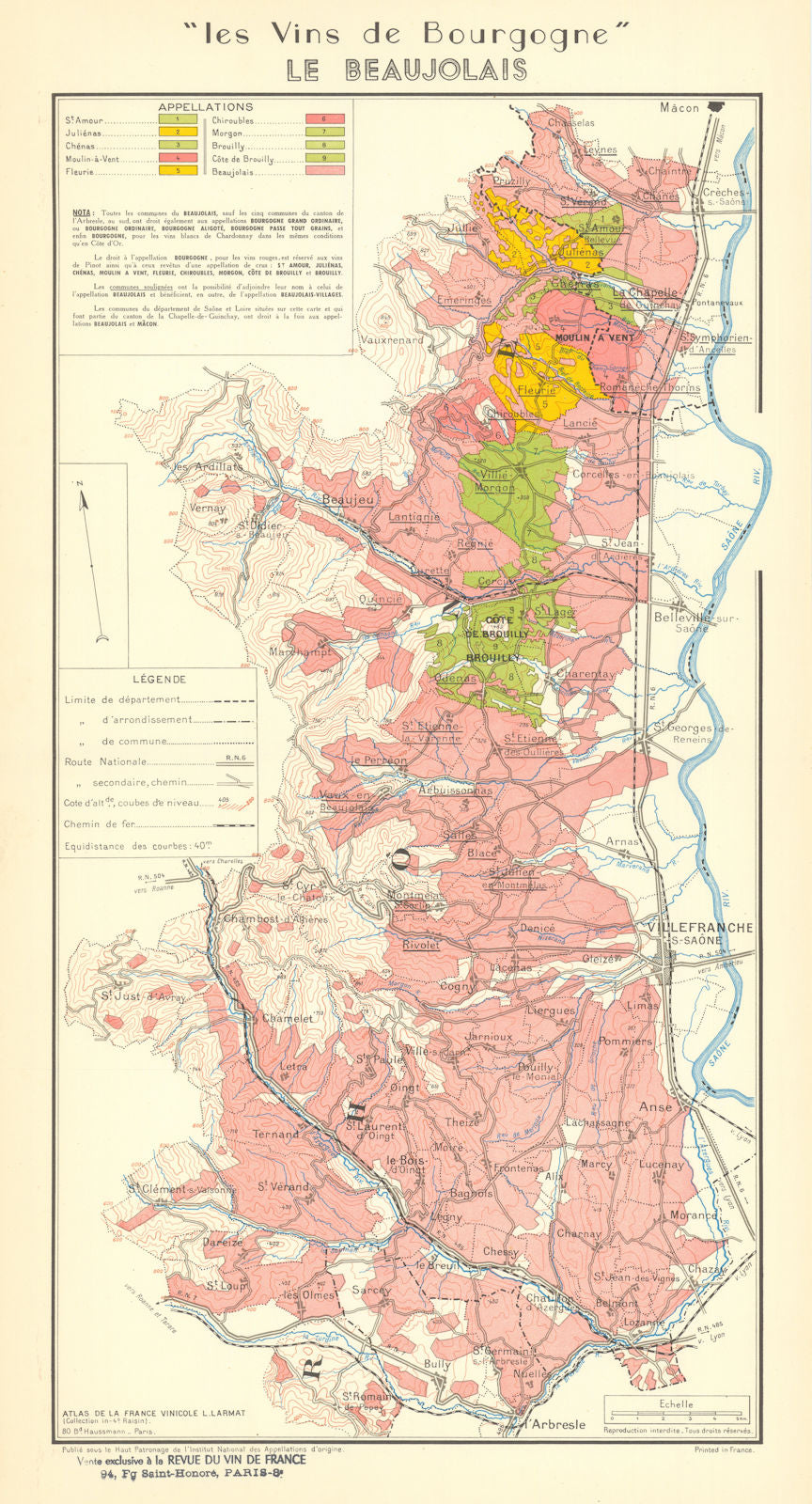 BURGUNDY BOURGOGNE WINE MAP Beaujolais appellations.Fleurie Brouilly LARMAT 1953
