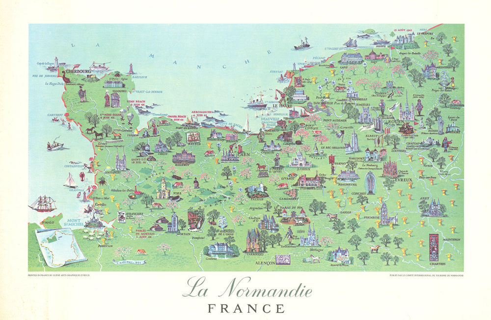 La Normandie pictorial map by Rémy Hétreau. Normandy D-Day/Overlord battles 1955