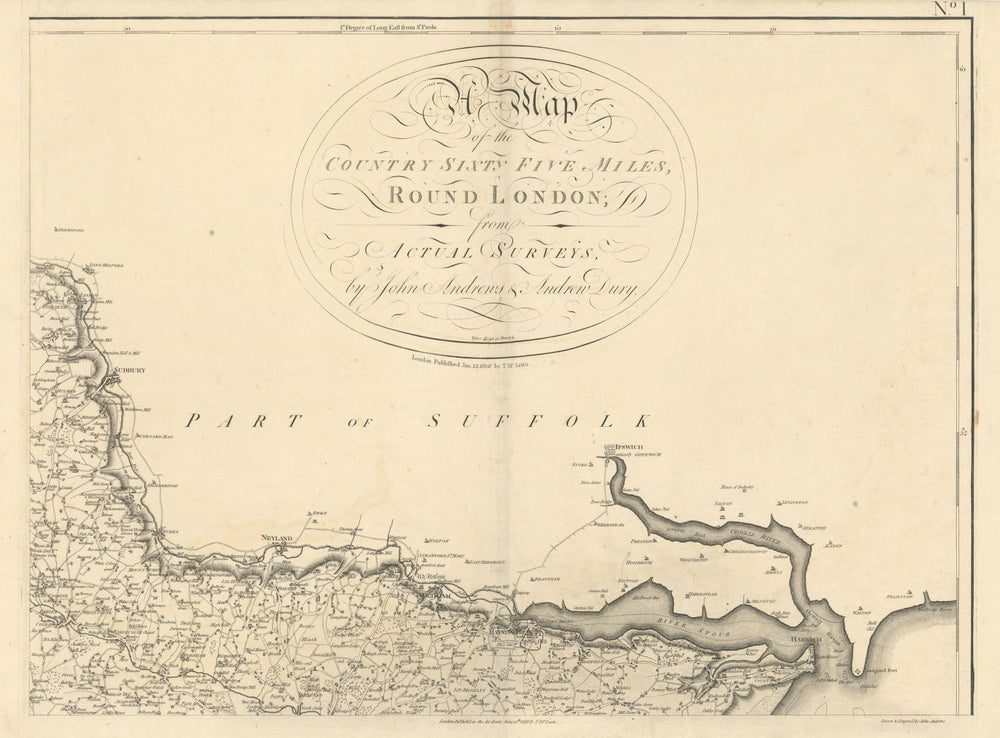 North Essex. Sudbury Harwich Manningtree Ipswich #1 Andrews/Dury 1818 old map
