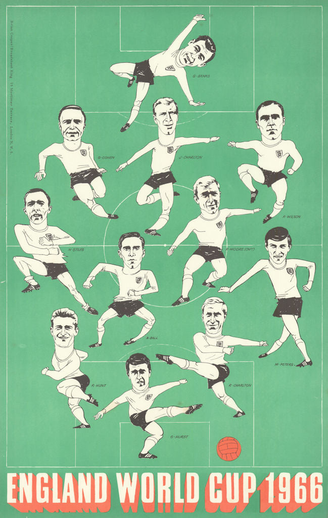 England 1966 World Cup Final starting XI. Vintage football poster 1966 print