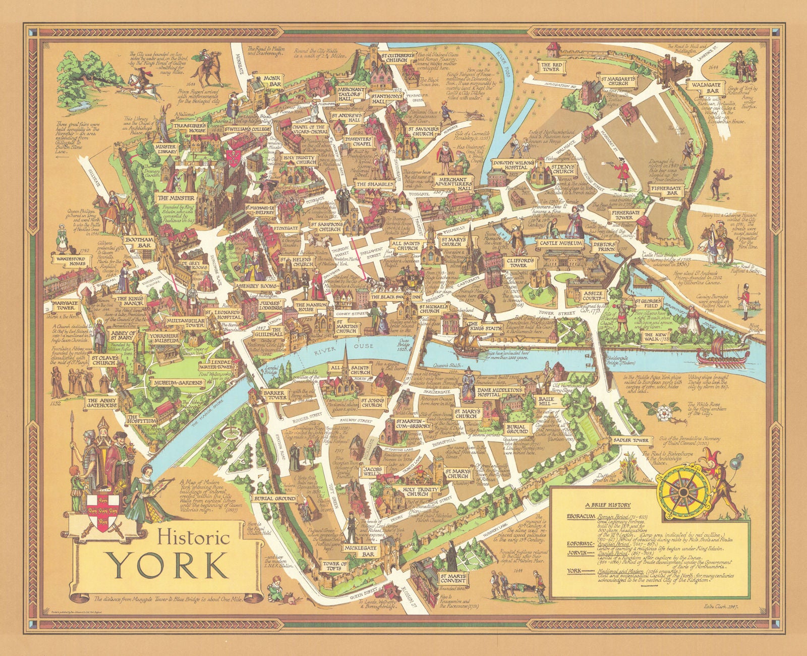 Historic York by Estra Clark. Decorative vintage pictorial city plan ...