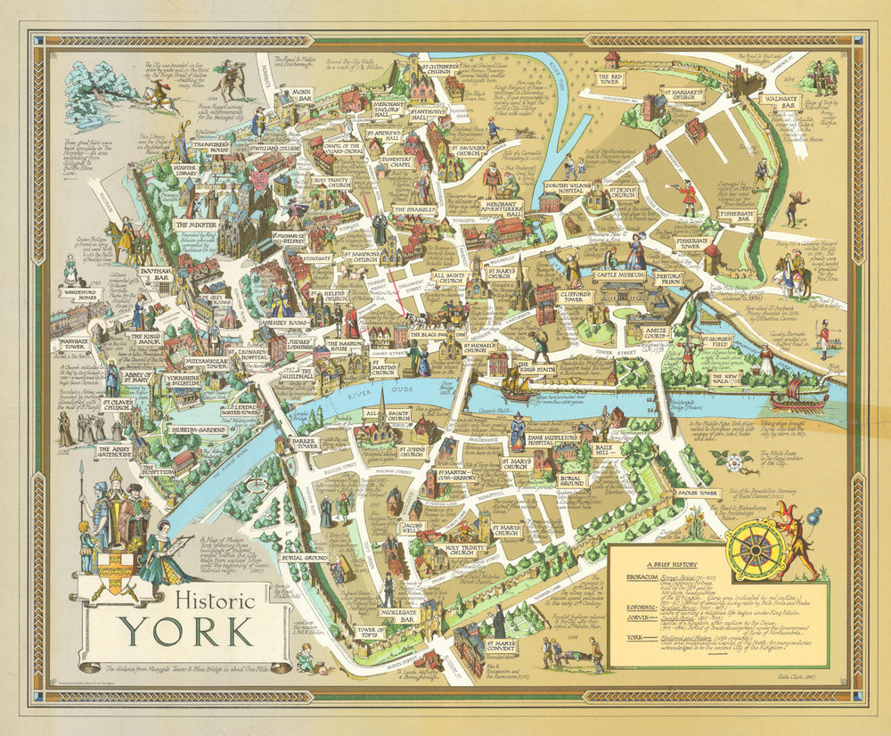 Historic York by Estra Clark. Decorative vintage pictorial city plan 1947 map
