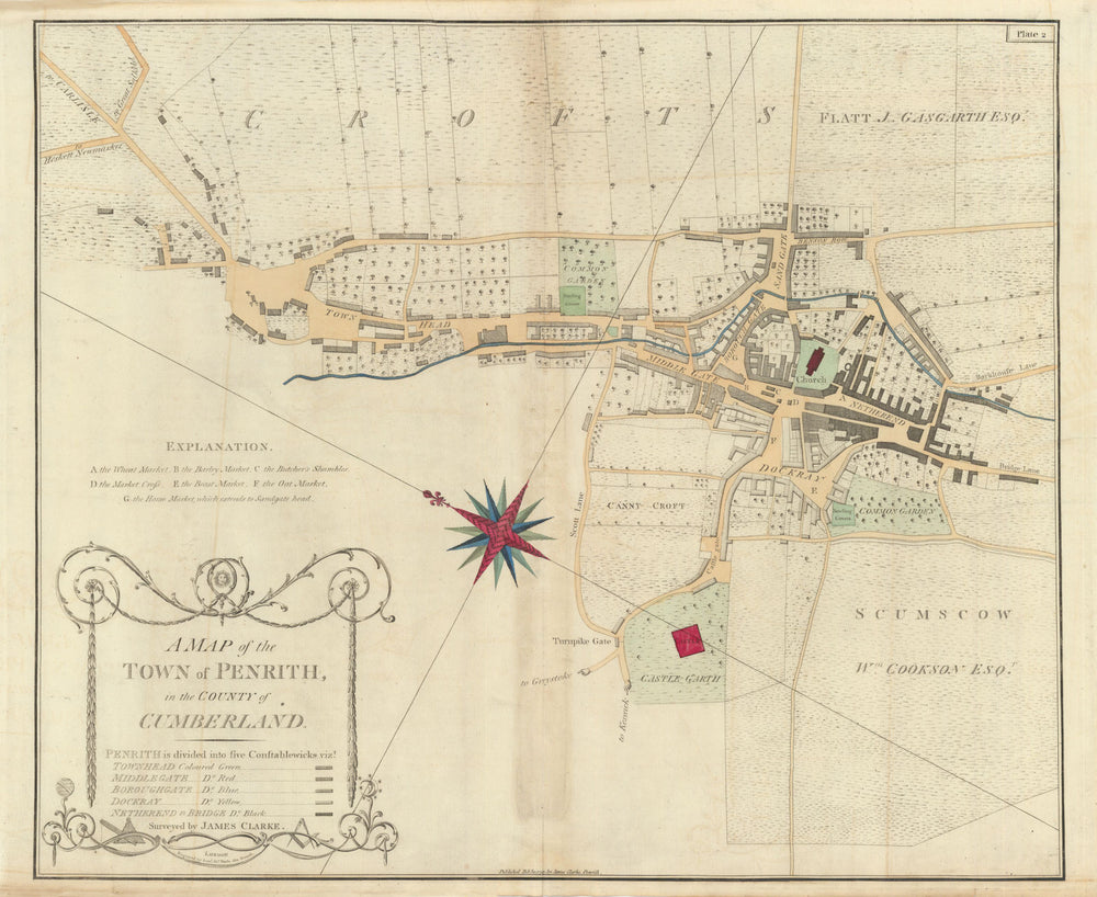 The first detailed plan of Penrith, by James Clarke. Cumbria 1789 old map