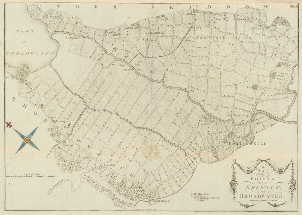 Roads between Keswick & Broadwater [Bassenthwaite Lake] by James Clarke 1789 map