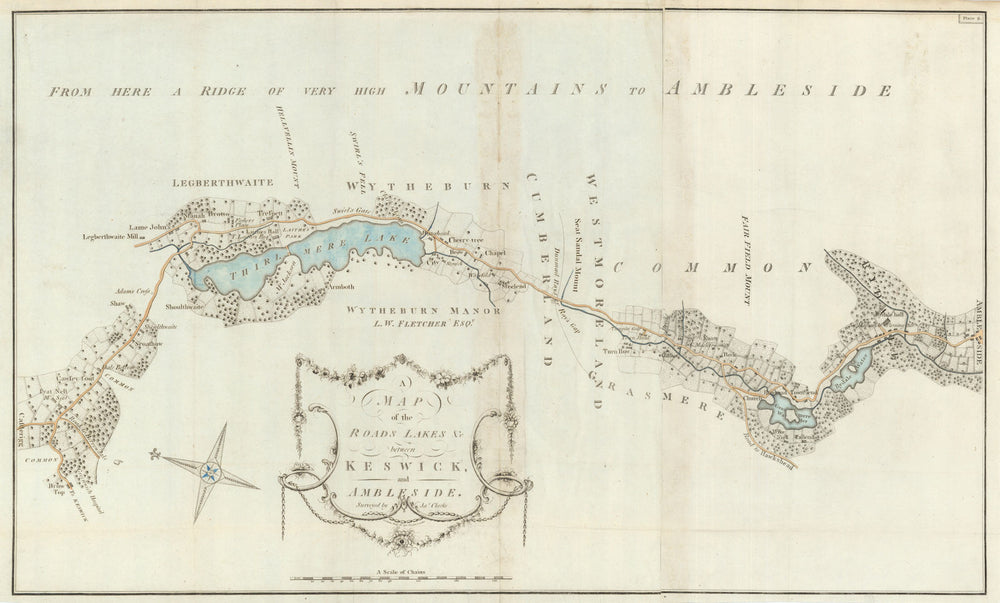 Roads & Lakes between Keswick & Ambleside by James Clarke. Thirlmere 1789 map