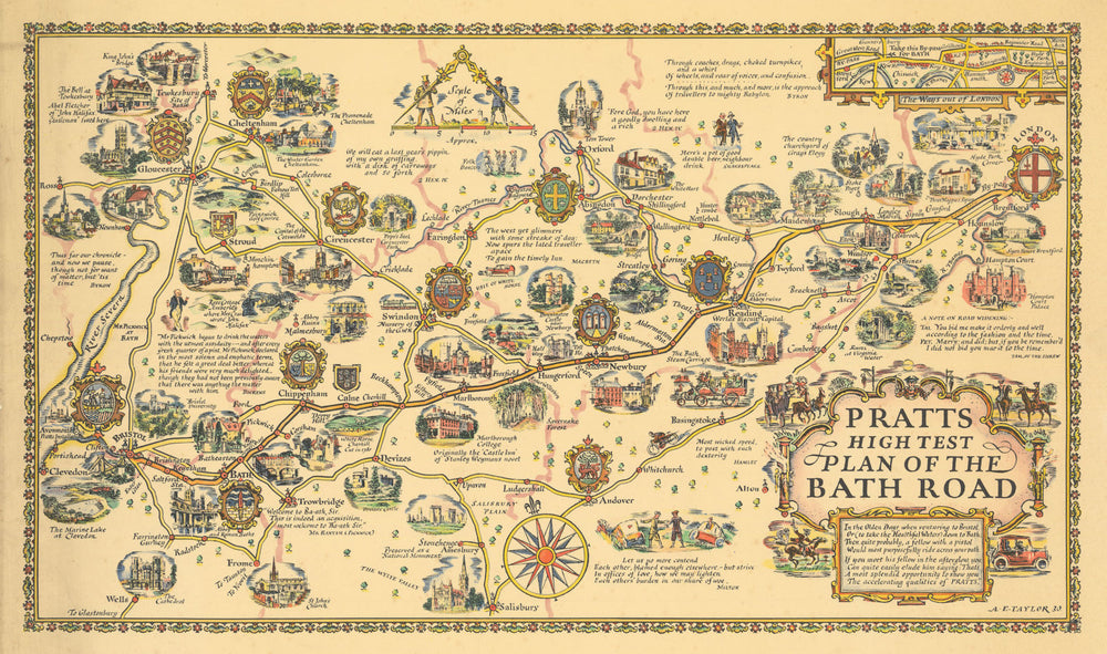 Pratts High Test Plan of the Bath Road. Pictorial map by Alfred Taylor 1930
