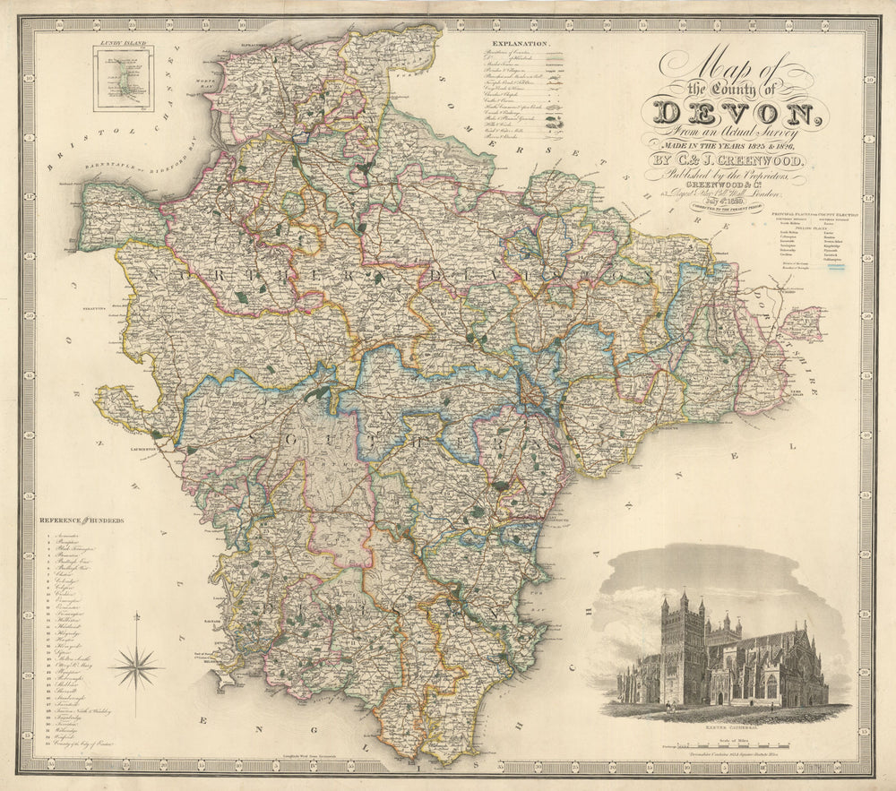 "Map of the county of Devon" by C. & J. Greenwood.  63x72cm 1829 old