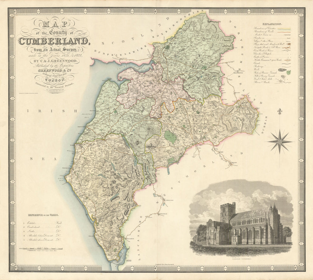 "Map of the county of Cumberland" by C. & J. Greenwood. Cumbria. 64x72cm 1830