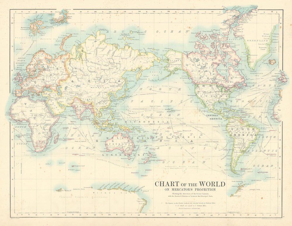 Chart of the World on Mercator's Projection by W. & A.K. Johnston 1887 old map