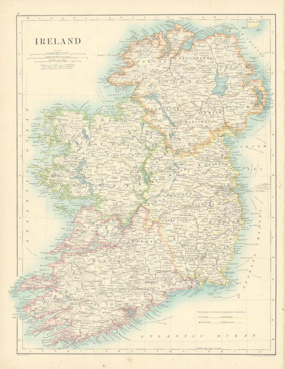 Ireland by W. & A.K. Johnston 1887 old antique vintage map plan chart