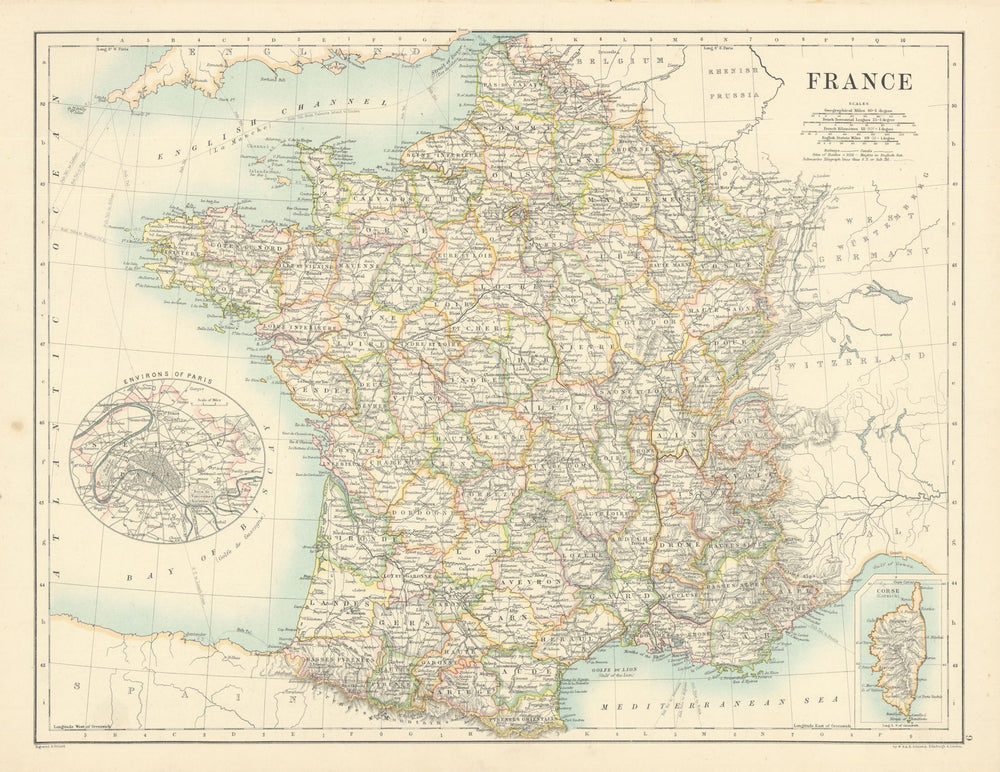 France by W. & A.K. Johnston 1887 old antique vintage map plan chart