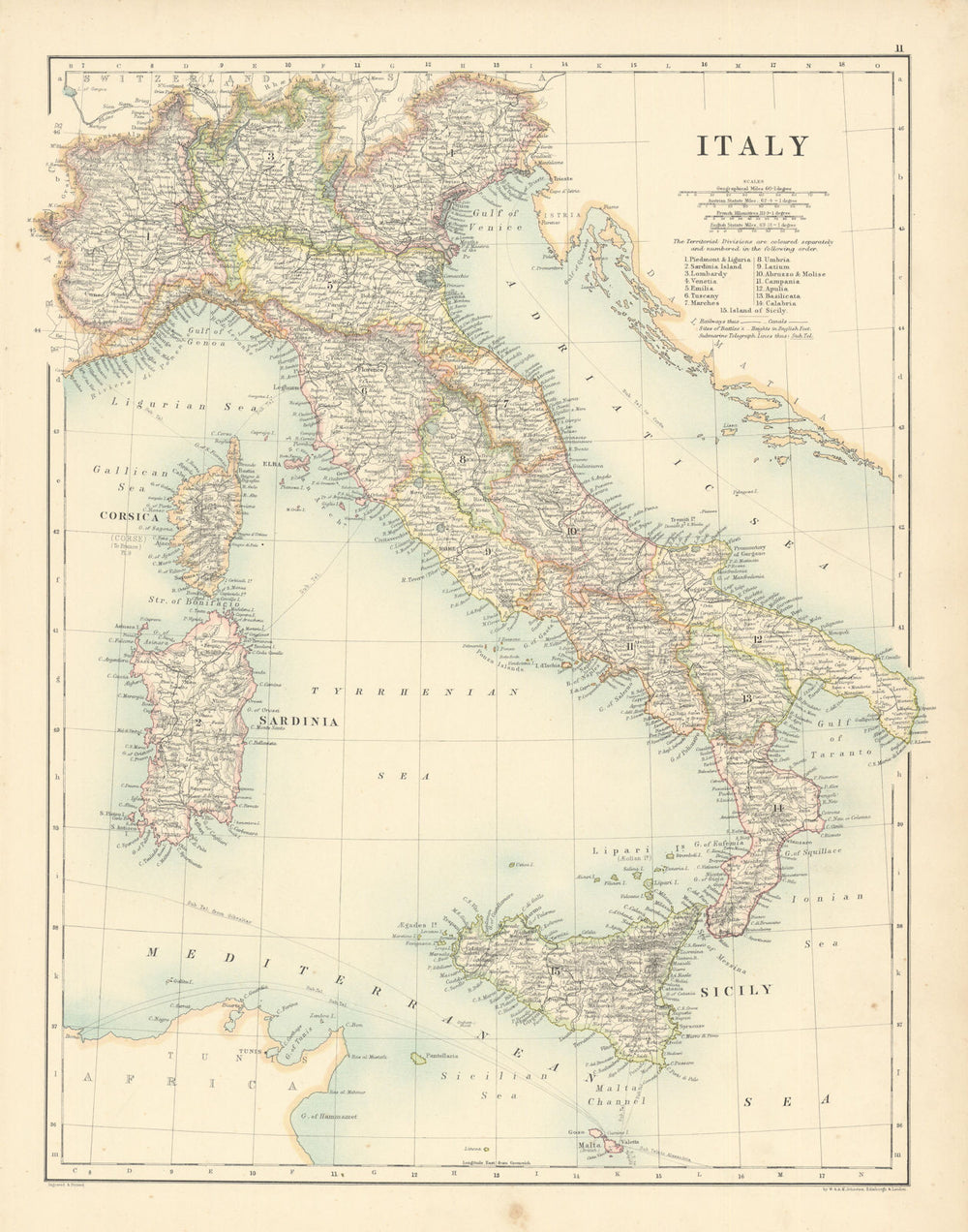 Italy by W. & A.K. Johnston 1887 old antique vintage map plan chart