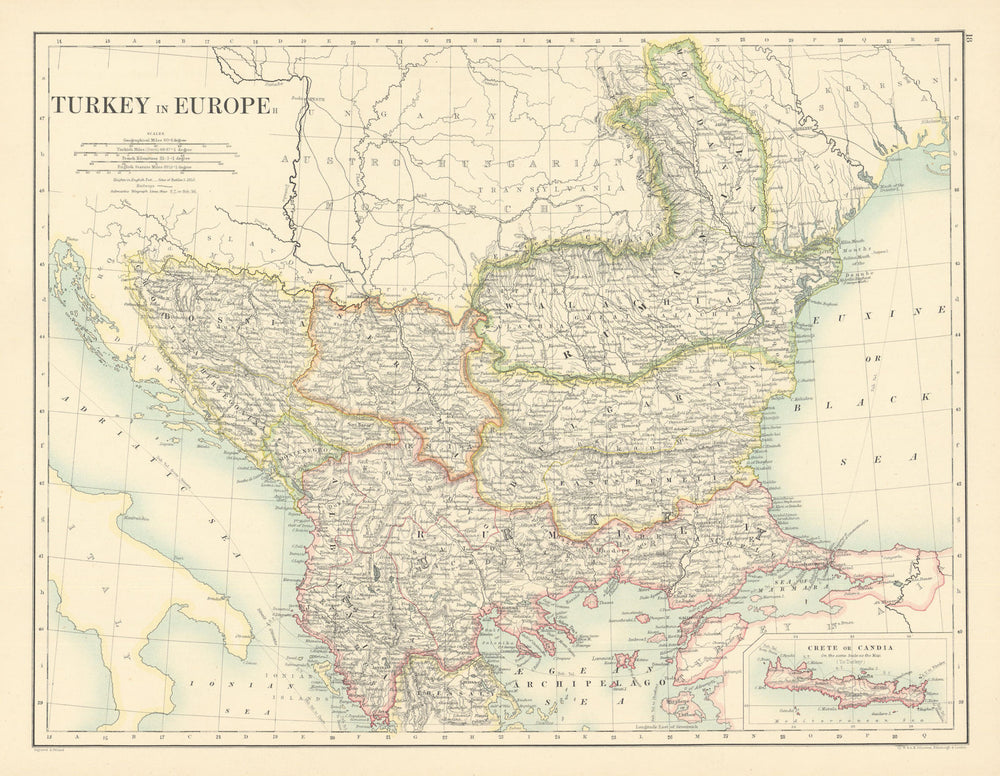 Turkey in Europe by W. & A.K. Johnston. Balkans 1887 old antique map chart