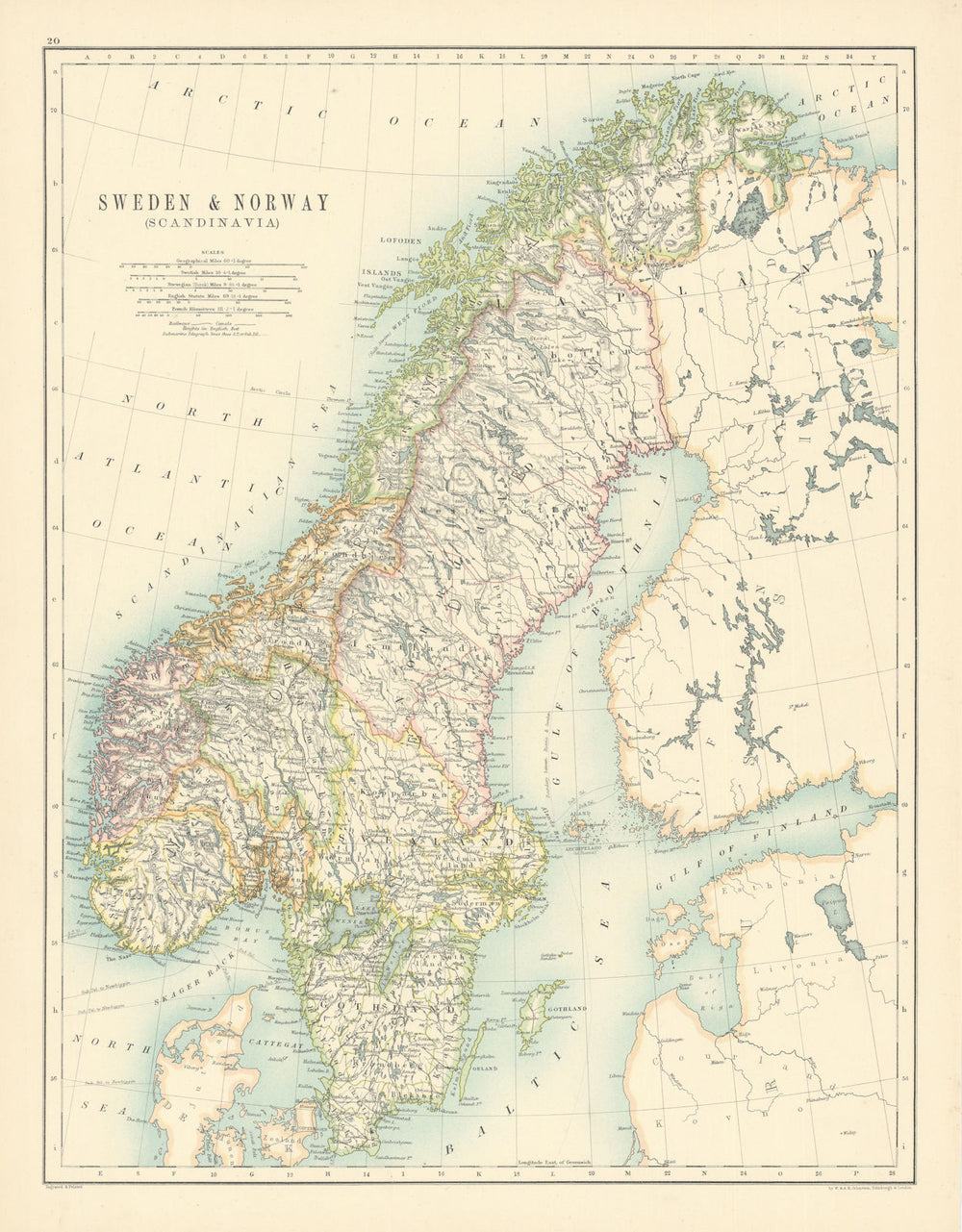 Sweden and Norway (Scandinavia) by W. & A.K. Johnston 1887 old antique map
