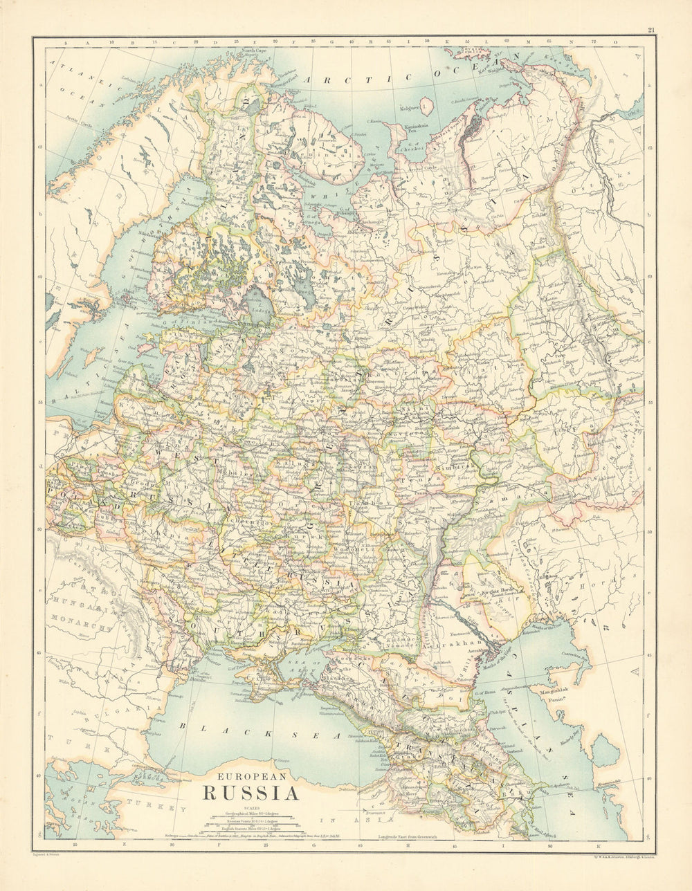 European Russia by W. & A.K. Johnston 1887 old antique vintage map plan chart