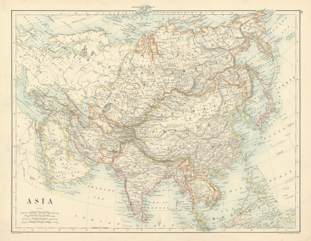 Asia by W. & A.K. Johnston 1887 old antique vintage map plan chart