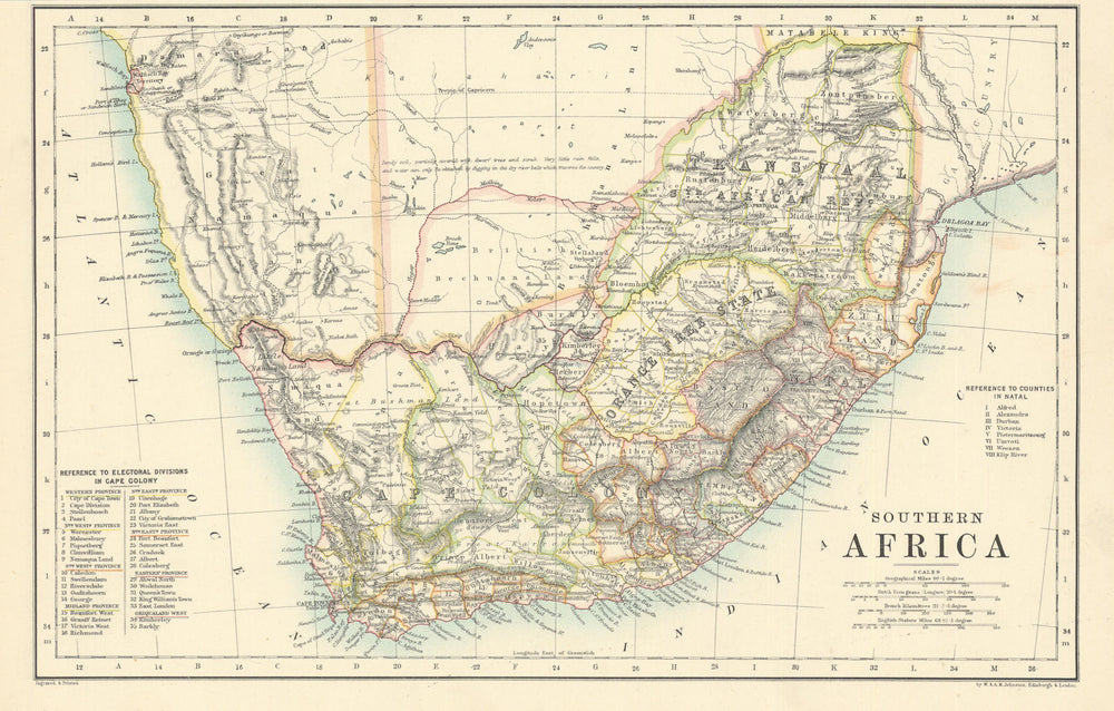 Southern Africa by W. & A.K. Johnston 1887 old antique vintage map plan chart