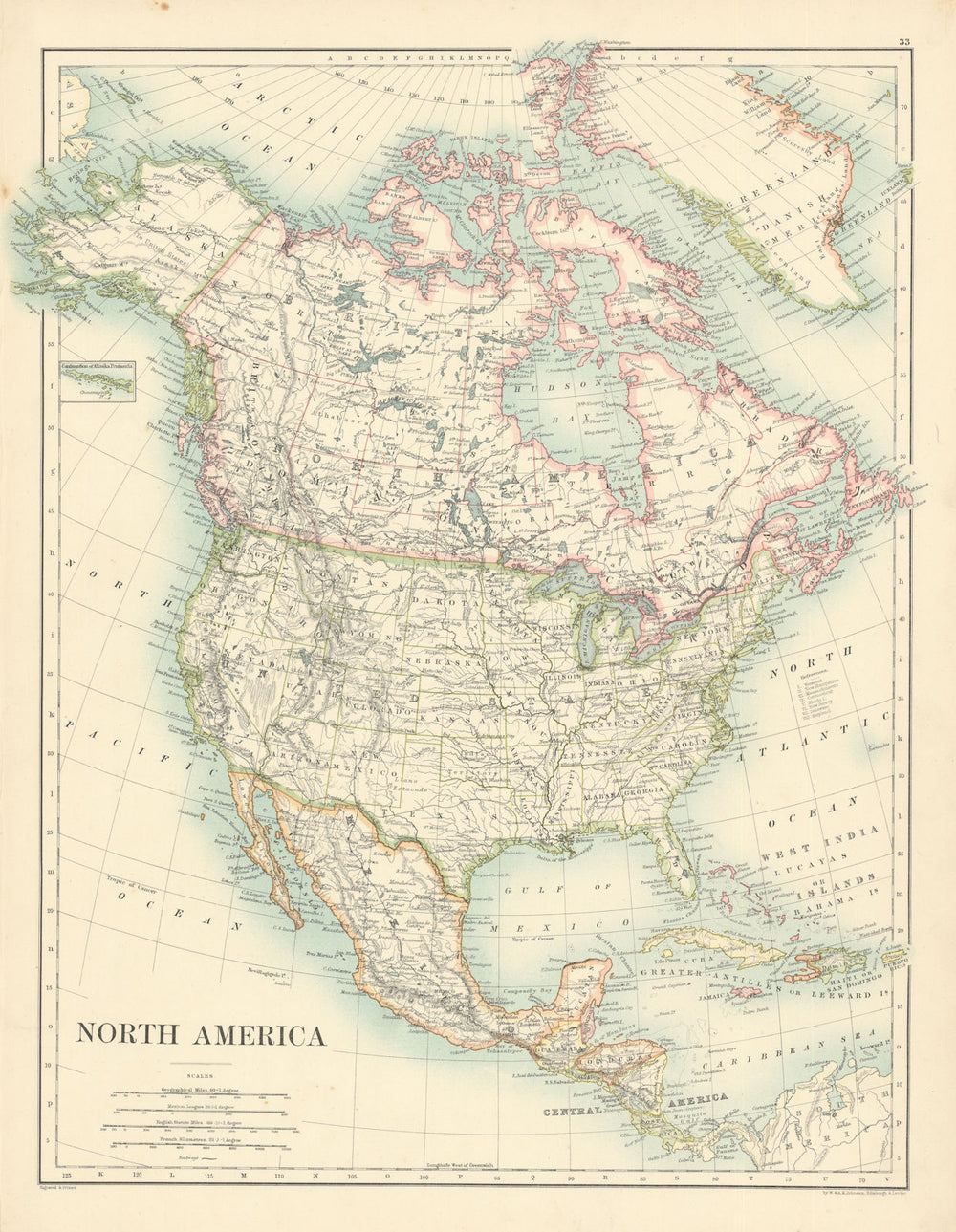 North America by W. & A.K. Johnston 1887 old antique vintage map plan chart