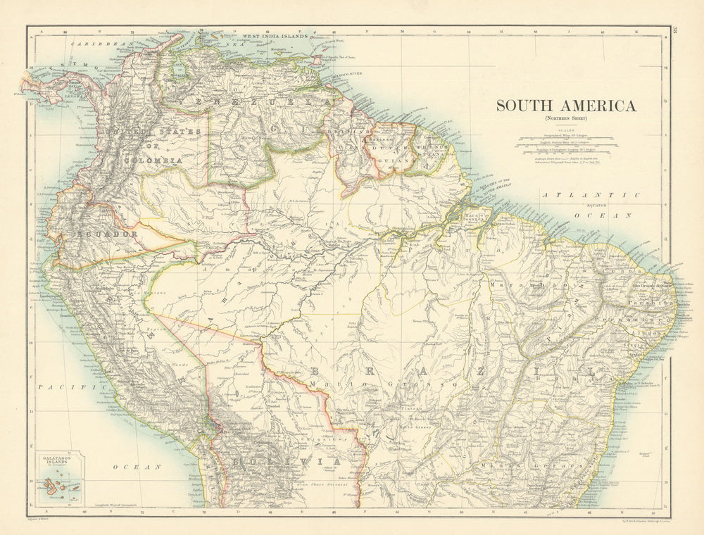 South America (Northern Sheet) by W. & A.K. Johnston 1887 old antique map