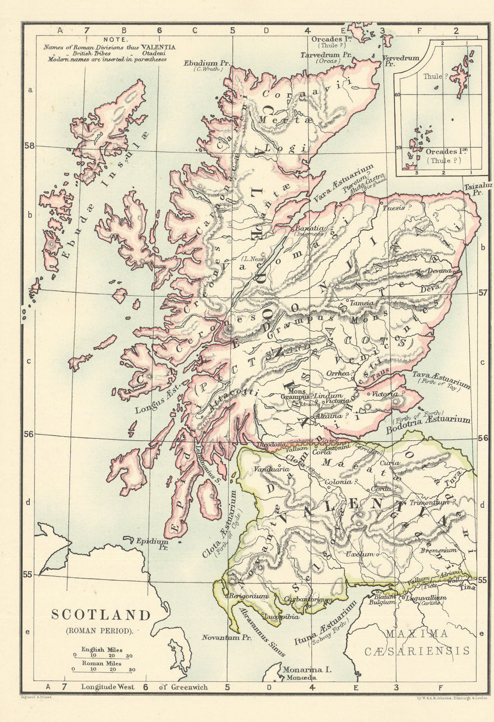 Scotland in the Roman Period by W. & A.K. Johnston 1887 old antique map chart