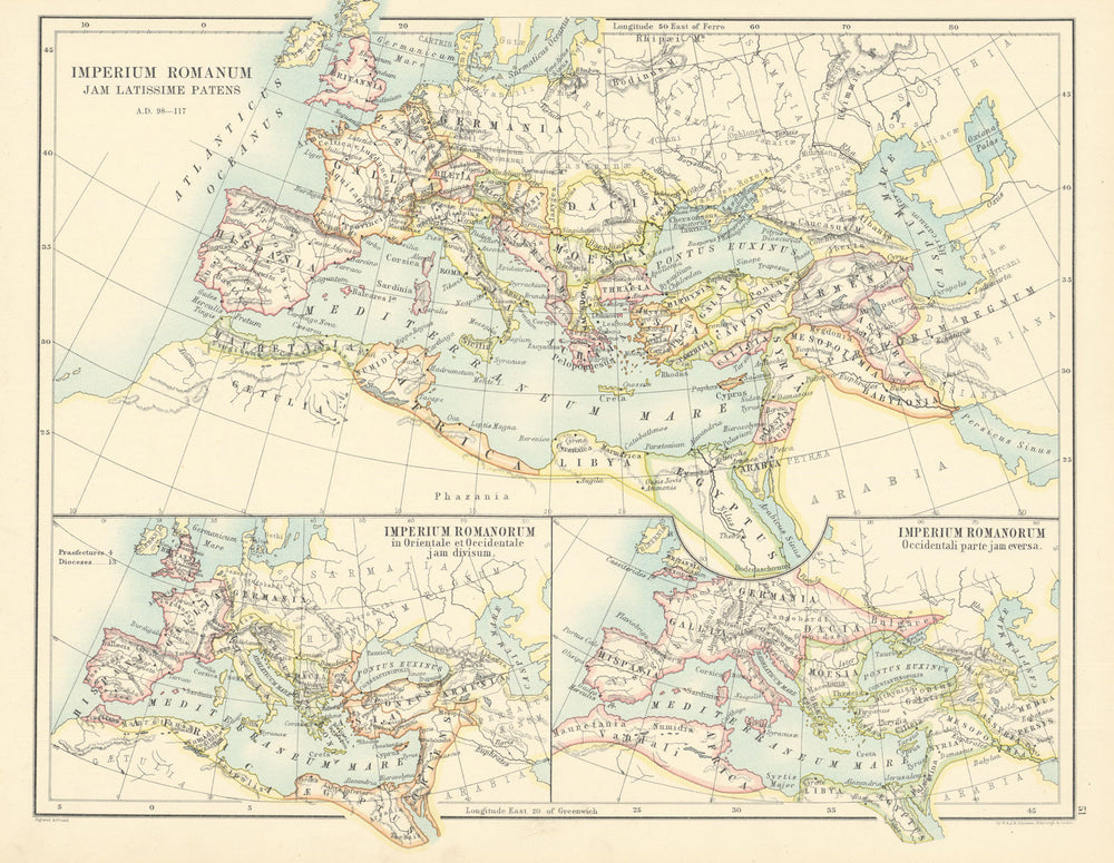 Imperium Romanum by W. & A.K. Johnston. Roman Empire 1887 old antique map