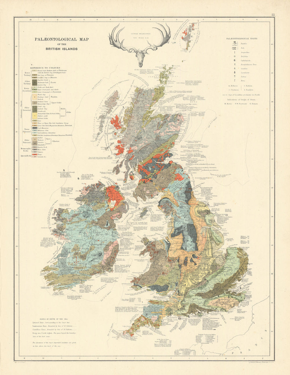 Palaeontological Map of the British Islands by W. & A.K. Johnston 1887 old