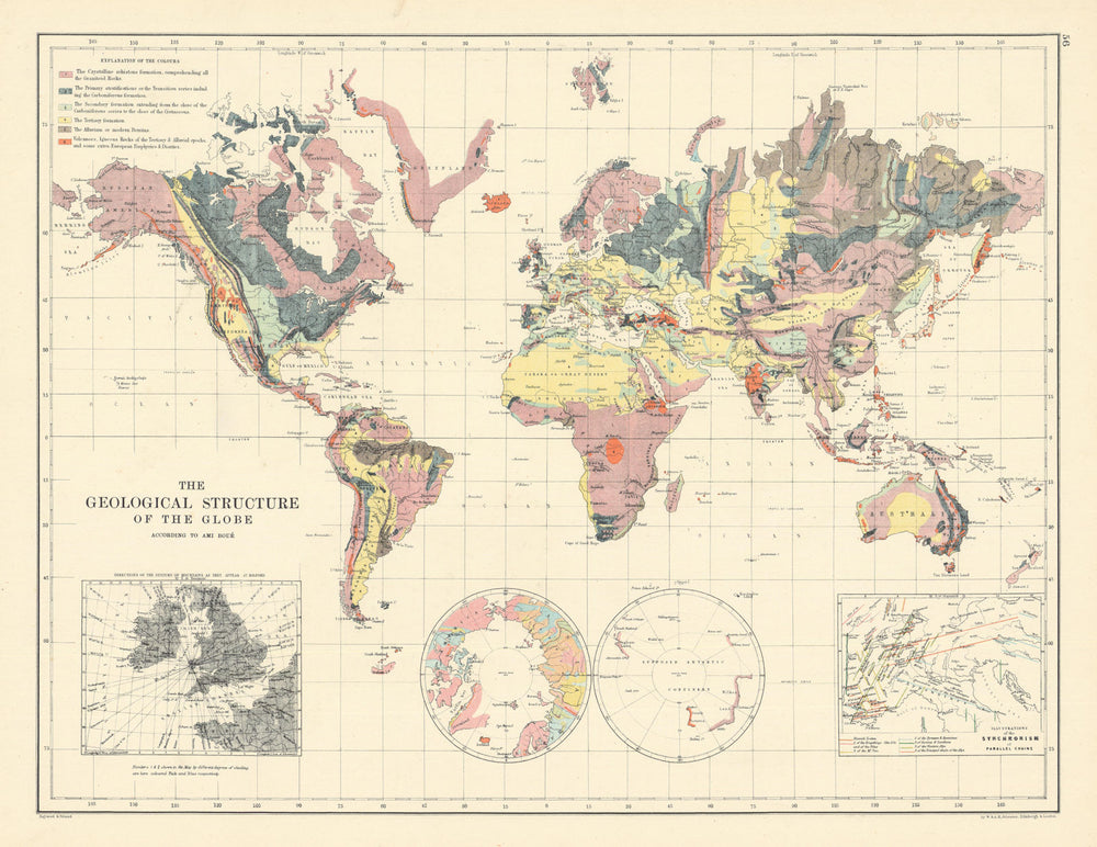 Geological Structure of the Globe according to Ami Boué 1887 old antique map