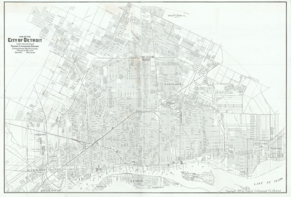 Large wall map of the City of Detroit. 27x40 inches. Federal Litho. Co. 1918