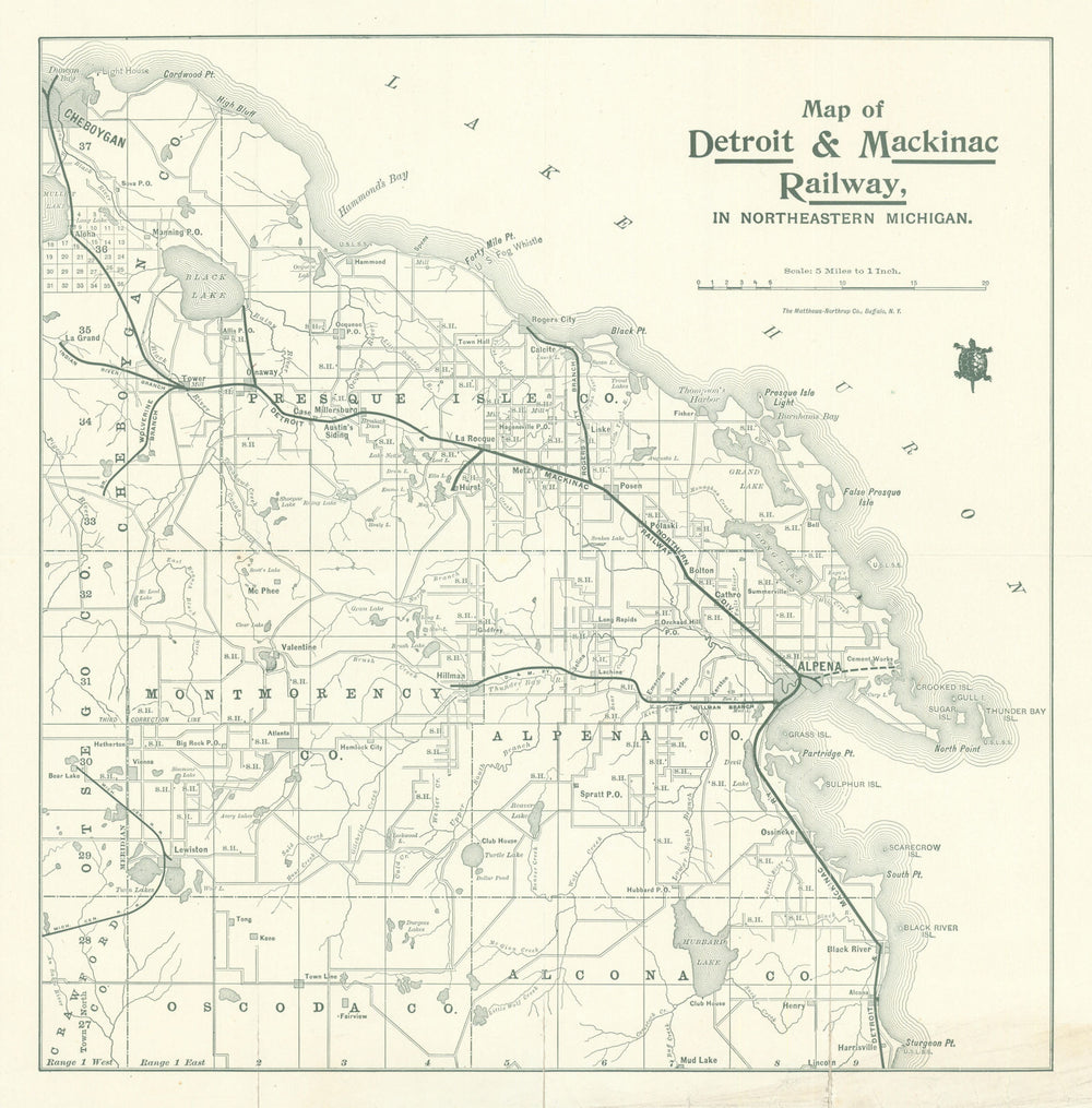 Map of Detroit & Mackinac Railway in Northeastern Michigan. Railroads c1925