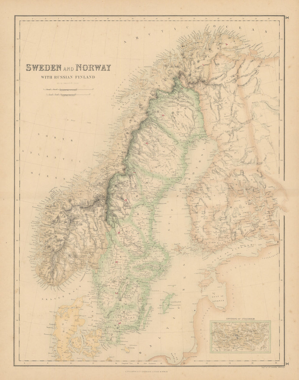 Sweden and Norway with Russian Finland. Scandinavia & Baltic FULLARTON c1863 map